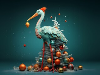 A stunning scene in which a stork, standing next to it, carries an ornamented Christmas tree, is...