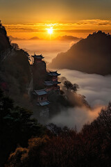 Sunrise Serenity: A Temple and Pagoda Amidst the Mountains