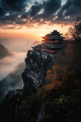 Sunrise Serenity: A Temple and Pagoda Amidst the Mountains
