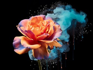A rose aerosol New Year's decoration surrounded by a vibrant powder cloud in striking orange and blue hues.