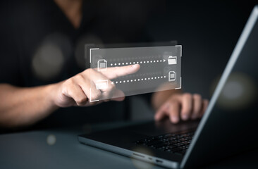 Data Sync Transfer concept. File Transfer Protocol, FTP files receiver from server to computer. Copy or share with virtual interfaces. Cloud storage system for transfer and back up documents files.