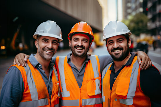 A group of smiling construction workers wearing uniforms, in the city
