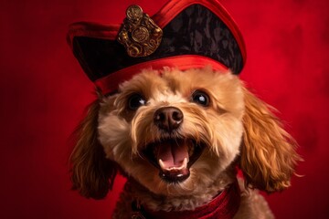 Lifestyle portrait photography of a happy poodle wearing a pirate hat against a ruby red background. With generative AI technology