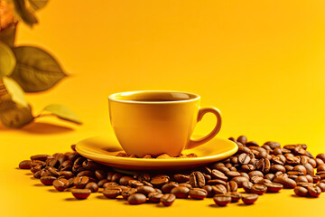 Morning Delight: A Cup of Coffee Amidst a Pile of Beans,cup of coffee with beans,cup of coffee with beans