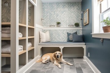 Scandinavian-style mudroom with dog-friendly features like a dog shower area and bed. Perfect for pet lovers. Generative AI