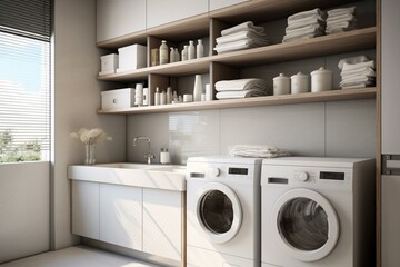 Modern laundry room with white shelves. Generative AI