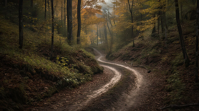 The Path Less Traveled, the beauty and mystery of a winding road through a dense forest, inviting viewers to explore the unknown. AI generative