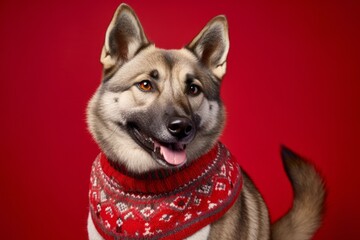 Medium shot portrait photography of a smiling norwegian elkhound wearing a festive sweater against a ruby red background. With generative AI technology