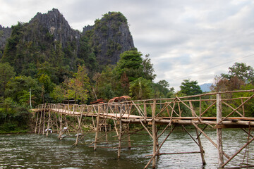 Rural scenery with Nam Song river bridge in Vang Vieng, Laos