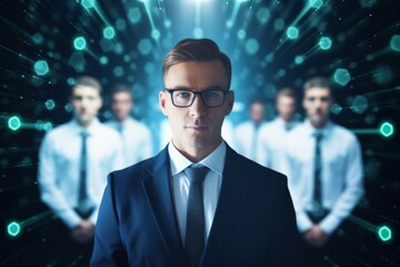 Fototapeta premium Serious man businessman business company entrepreneur startup employer finance. Group people talented team education future technologies infographics artificial intelligence neural networks holograms