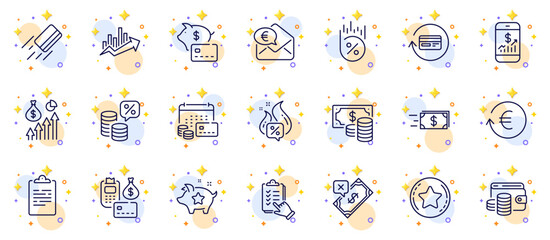 Outline set of Money calendar, Mobile finance and Money tax line icons for web app. Include Payment, Hot offer, Salary pictogram icons. Refund commission, Piggy bank, Checklist signs. Vector