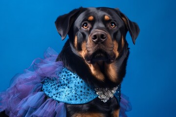 Group portrait photography of a funny rottweiler wearing a frilly dress against a sapphire blue background. With generative AI technology