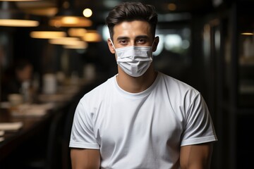 man posing with a face mask while grinning and wearing a white t-shirt and a hair band with a bow..