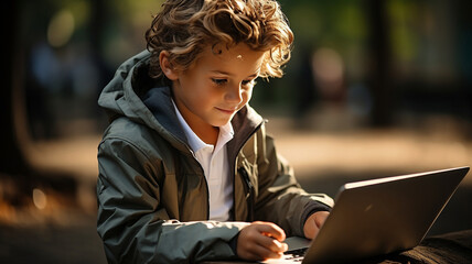 Little student outside studying. a student working on a laptop while outdoors in a park studying online.