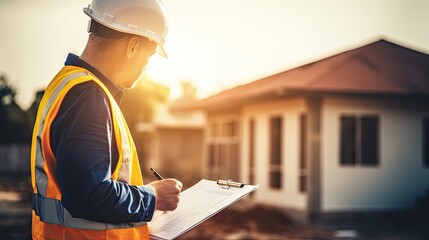 inspector or engineer is inspecting construction and quality assurance new house using a checklist. Engineers or architects or contactor work to build the house before handing, generate by AI
