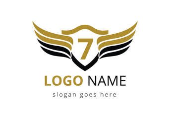 English alphabet 7 with wings logo design. Transportation Logo Letter and Wings Concept