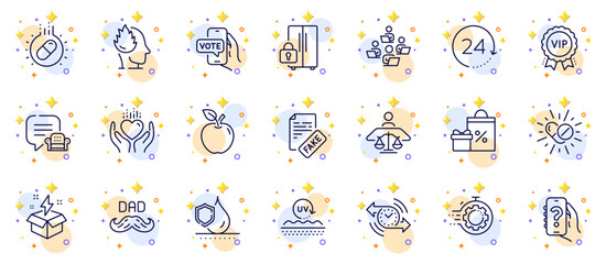 Outline set of Waterproof, Online voting and Medical drugs line icons for web app. Include Stress, Shopping, Apple pictogram icons. Seo timer, Capsule pill, Help app signs. Lounge place. Vector