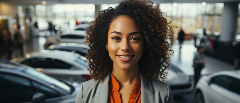 Top view image of a female motorist at a vehicle showroom, standing next to her new SUV..