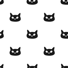 Hand drawn cute monochrome seamless pattern with little black cat. Flat vector Halloween print in doodle style. Evil animal character. Repeated scary kitty mascot background, wrapping or wallpaper.