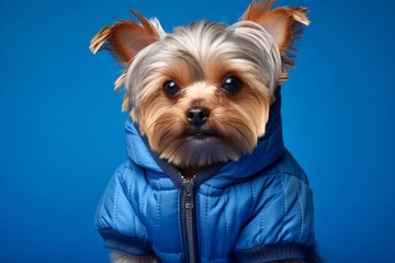 Medium shot portrait photography of a funny yorkshire terrier wearing a therapeutic coat against a sapphire blue background. With generative AI technology