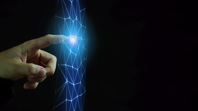 Human hand holding D\dots and lines network connection. Internet communication, wireless connection technology. Digital transformation conceptual for next generation technology.