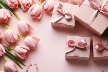 pink gift boxes with pink ribbon and pink tulips