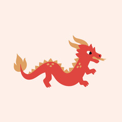 Red Dragon flat cartoon style. Oriental fantasy animal isolated on beige background. Vector illustration with asian fairytale character. Chinese zodiac sign. New year symbol.