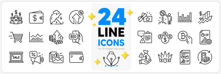 Icons set of Discount, Inflation and Crown line icons pack for app with Column chart, Salary employees, Discounts offer thin outline icon. Change money, Accounting report. Design with 3d stars. Vector