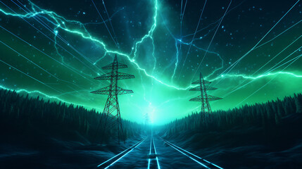 Overhead Electricity Transmission Lines with 3D Digital Visualization of Electricity. Epic Animation with Night Sky Full of Stars. Concept of Renewable Green Energy and Ecological Environment
