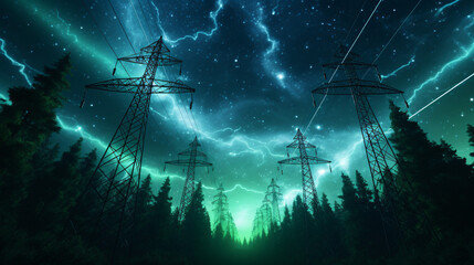 Overhead Electricity Transmission Lines with 3D Digital Visualization of Electricity. Epic Animation with Night Sky Full of Stars. Concept of Renewable Green Energy and Ecological Environment - obrazy, fototapety, plakaty