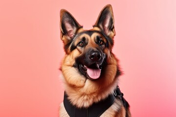 Group portrait photography of a smiling german shepherd wearing a safety vest against a coral pink background. With generative AI technology - obrazy, fototapety, plakaty