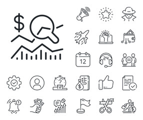 Business audit sign. Salaryman, gender equality and alert bell outline icons. Check investment line icon. Check finance symbol. Check investment line sign. Spy or profile placeholder icon. Vector