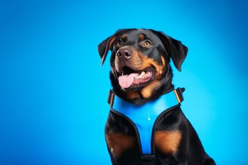 Medium shot portrait photography of a cute rottweiler wearing a reflective vest against a cerulean blue background. With generative AI technology