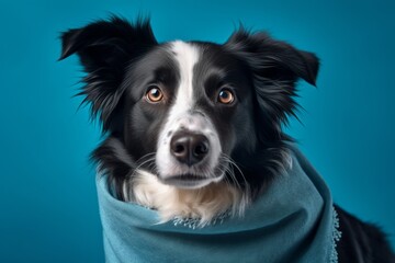Medium shot portrait photography of a bored border collie wearing an anxiety wrap against a cerulean blue background. With generative AI technology