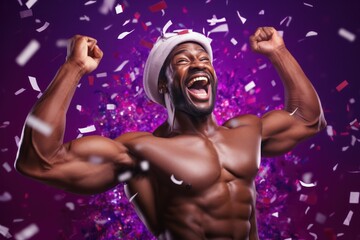 dark-skinned muscular man in delight on purple background with candy.