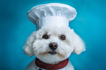 Close-up portrait photography of a cute bichon frise wearing a chef hat against a cerulean blue background. With generative AI technology