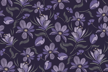Vintage Floral Pattern Seamless embroidery purple flower motifs on dark background. Ethnic pattern oriental traditional watercolour brush style.  vector illustration design for fabric, textile.