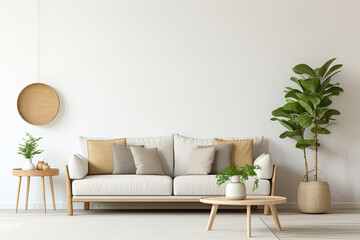 Modern style interior living room warm Scandinavian and cozy with wooden decoration, Cozy beige tone stylish, furniture, comfortable bed, Minimal decor design background.