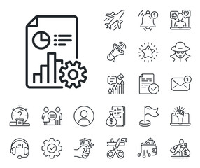 Column graph, pie chart sign. Salaryman, gender equality and alert bell outline icons. Report line icon. Market analytics symbol. Report line sign. Spy or profile placeholder icon. Vector