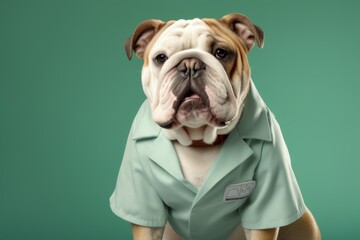 Close-up portrait photography of a cute bulldog wearing a doctor costume against a spearmint green background. With generative AI technology