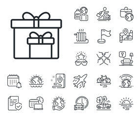 Fototapeta premium Present or Sale sign. Plane jet, travel map and baggage claim outline icons. Gift boxes line icon. Birthday Shopping symbol. Package in Gift Wrap. Delivery boxes line sign. Vector