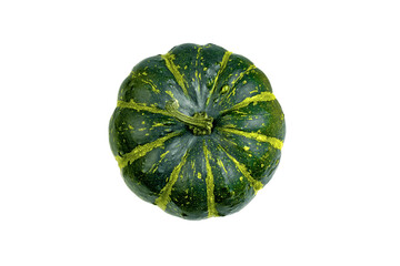 Green striped decorative pumpkin isolated on white background. Top view with copy space