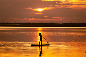 woman stands on a sup board with a paddle on the rowing channel against the background of a yellow sunset. Active water sports. A sexy woman is engaged in rowing. © diy13