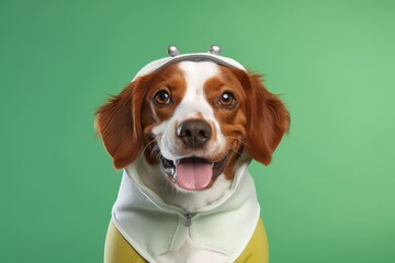 Medium shot portrait photography of a smiling brittany dog wearing a bee costume against a spearmint green background. With generative AI technology - obrazy, fototapety, plakaty