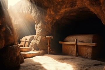 Empty tomb of Jesus with crosses: Easter, resurrection concept. He is risen. Generative AI
