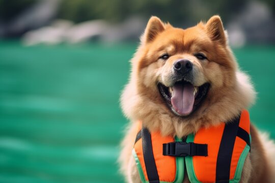 Lifestyle portrait photography of a smiling chow chow dog wearing a safety vest against a spearmint green background. With generative AI technology - Powered by Adobe