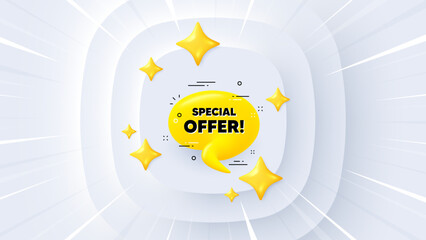 Special offer 3d bubble banner. Neumorphic offer 3d banner, coupon. Realistic yellow chat message. Offer tag icon. Special offer promo event background. Sunburst banner, flyer or poster. Vector