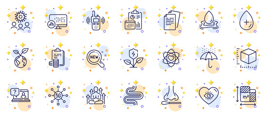 Outline set of Accounting, 5g technology and Meditation eye line icons for web app. Include Save planet, Nasal test, Report statistics pictogram icons. Documents, Intestine, Package size signs. Vector