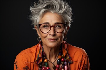 Confident mature woman with gray hair and eyeglasses against black background. Generated AI