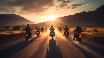 Sunset Bikers: Group of Motorcycle Riders Cruising Together